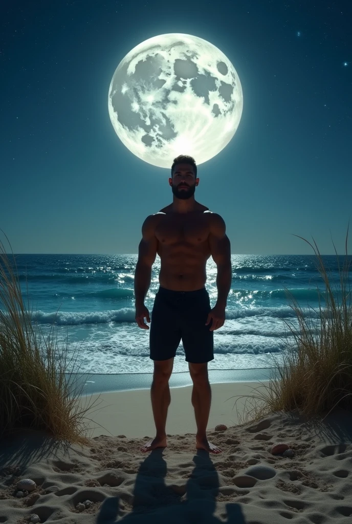 Full moon beach、３０A cool bodybuilder with big pectoral muscles in his 20s is posing