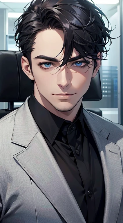 (best quality,4k,8k,highres,masterpiece:1.2),ultra-detailed,(realistic,photorealistic,photo-realistic:1.37),1 man,31 years old,mature man,very handsome,without expression,smile,short grey black hair,blue eyes,penetrating gaze,perfect face without errors,imposing posture,businessman,office background,cinematic lighting,hdr image