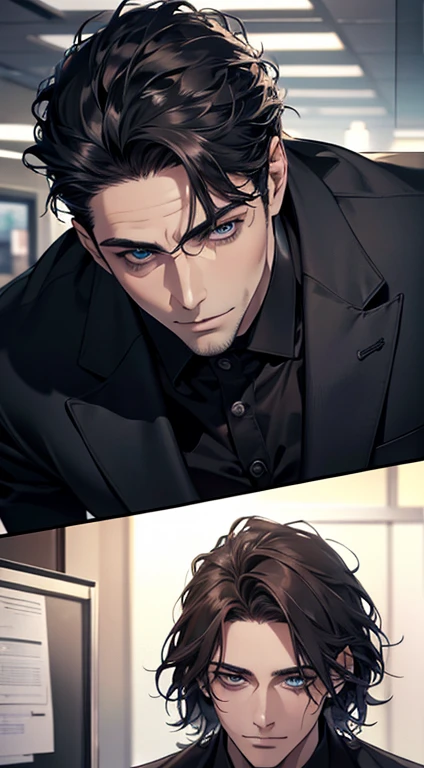 (best quality,4k,8k,highres,masterpiece:1.2),ultra-detailed,(realistic,photorealistic,photo-realistic:1.37),1 man,31 years old,mature man,very handsome,without expression,smile,short grey black hair,blue eyes,penetrating gaze,perfect face without errors,imposing posture,businessman,office background,cinematic lighting,hdr image