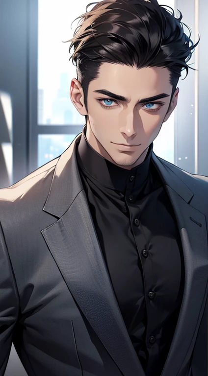 (best quality,4k,8k,highres,masterpiece:1.2),ultra-detailed,(realistic,photorealistic,photo-realistic:1.37),1 man,31 years old,mature man,very handsome,without expression,smile,short grey black hair,blue eyes,penetrating gaze,perfect face without errors,imposing posture,businessman,office background,cinematic lighting,hdr image
