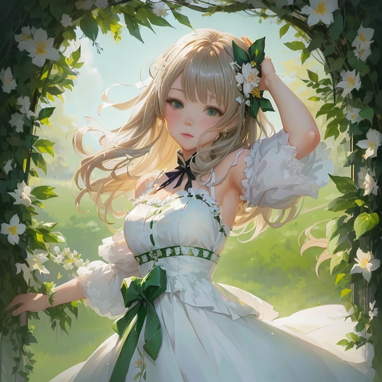 anime girl in white dress with green ribbon and flowers in her hair, in dress, guweiz on pixiv artstation, beautiful anime portrait, cute anime waifu in a nice dress, rin, guweiz on artstation pixiv, painted in anime painter studio, zerochan art, beautiful anime girl, marin kitagawa fanart, made with anime painter studio