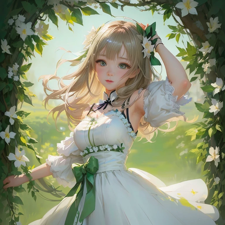anime girl in white dress with green ribbon and flowers in her hair,  in dress, guweiz on pixiv artstation, beautiful anime portrait, cute anime waifu in a nice dress, rin, guweiz on artstation pixiv, painted in anime painter studio, zerochan art, beautiful anime girl, marin kitagawa fanart, made with anime painter studio