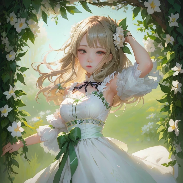 anime girl in white dress with green ribbon and flowers in her hair, in dress, guweiz on pixiv artstation, beautiful anime portrait, cute anime waifu in a nice dress, rin, guweiz on artstation pixiv, painted in anime painter studio, zerochan art, beautiful anime girl, marin kitagawa fanart, made with anime painter studio