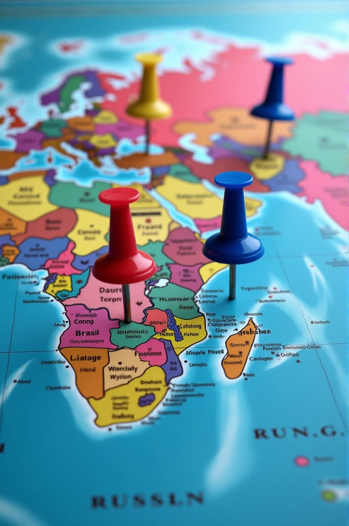 create world map image, with blue pins in the countries, France, england, USA, United Kingdom, Japan. Pink pins in countries Canada, brazil, South Korea, Singapore, Ireland, Luxembourg, Switzerland.
Red pin in China and yellow pins in Russia and China.
PICTURE REALISTIC.