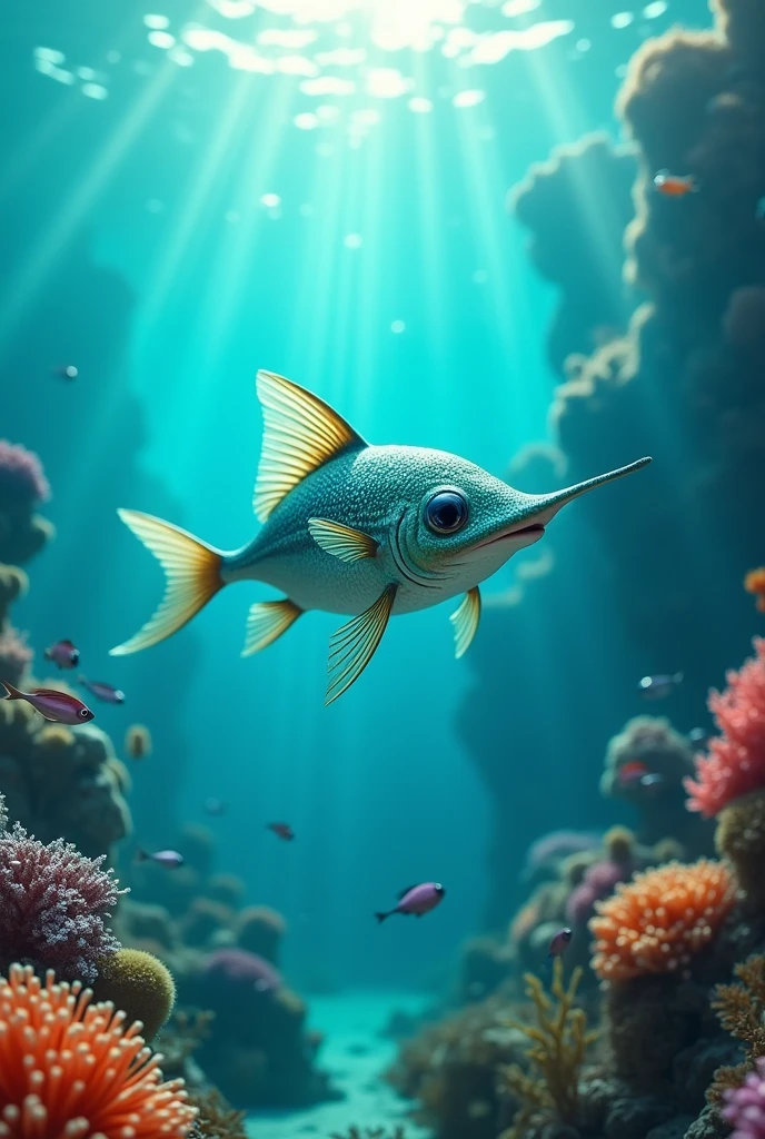 What would a  of a mermaid and a swordfish look like while small portions of sperm swim in the sea?