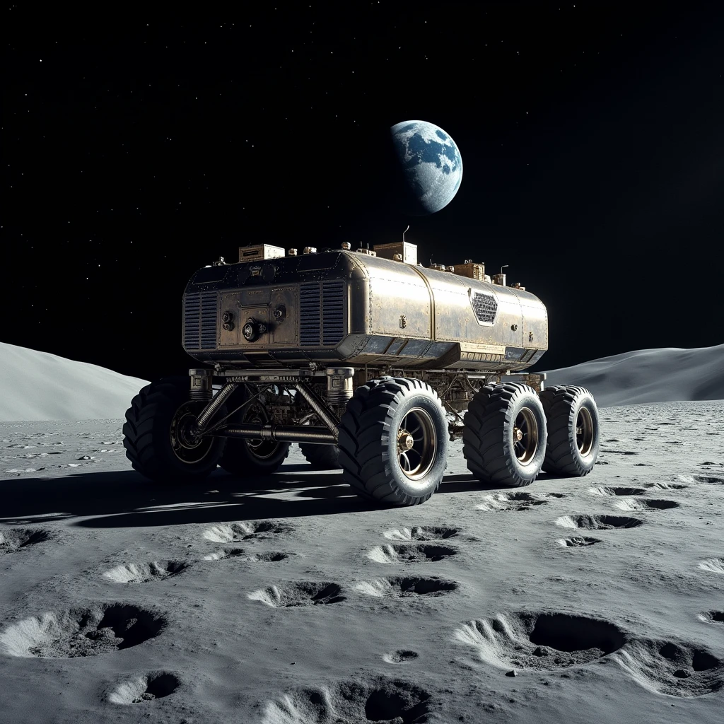 8 wheels, large cargo rover vehicle moon harvest on the moon, marshod, realistic, nasa