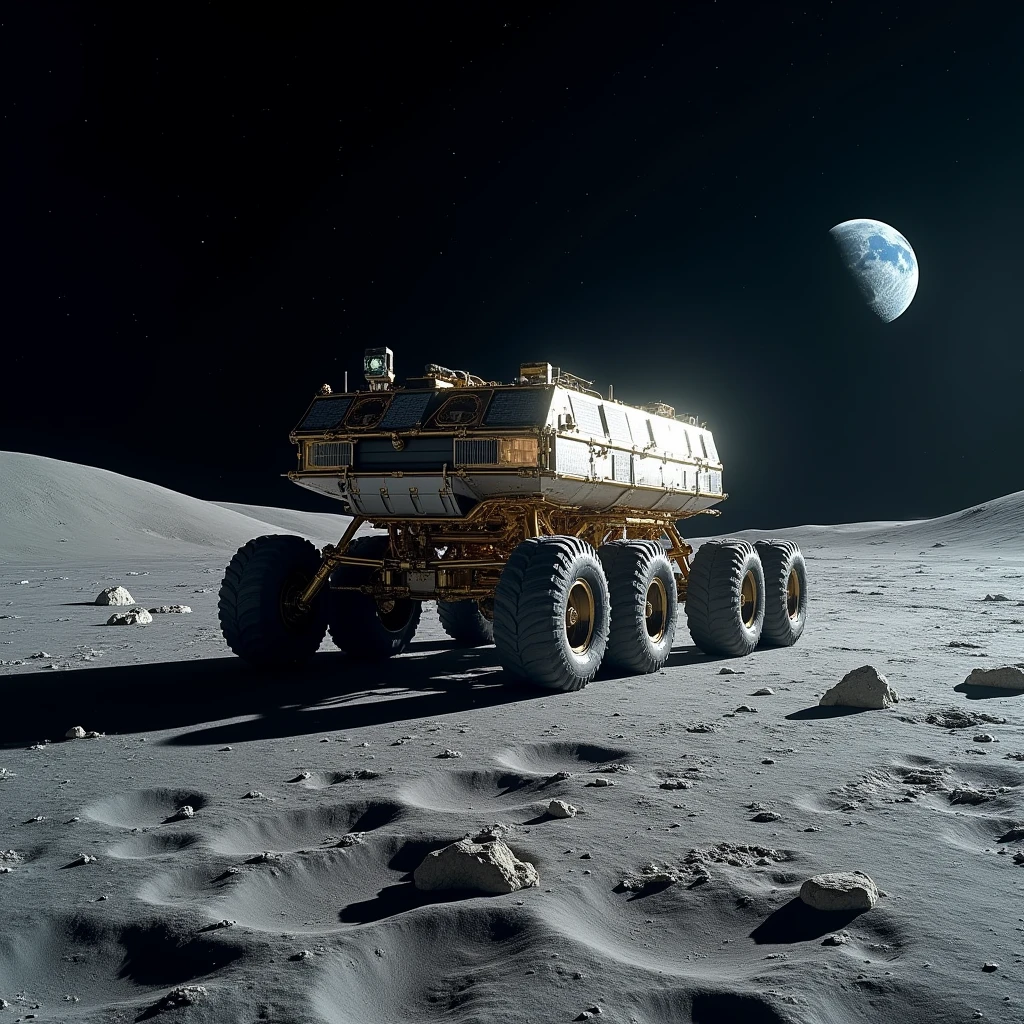8 wheels, large cargo rover vehicle moon harvest on the moon, marshod, realistic, nasa