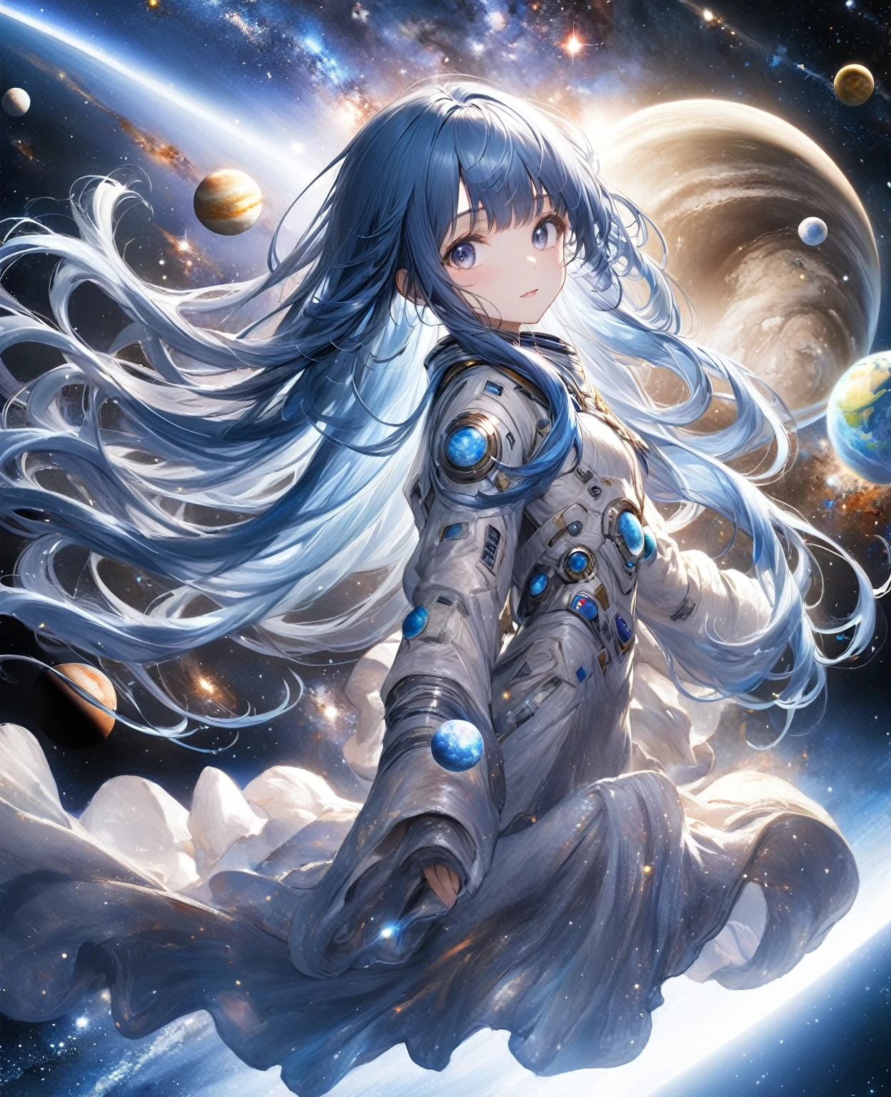 Highest quality, detailed, 4K, RAW Photos, masterpiece, detailed face,, performer, planet, Milky Way, space,, a photo of アニセマー flying in space, Blue Hair, bangs, Long Hair, View your viewers,
