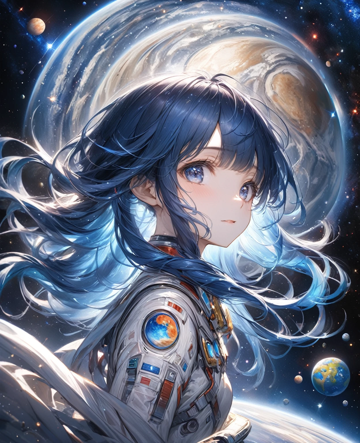 Highest quality, detailed, 4K, RAW Photos, masterpiece, detailed face,, performer, planet, Milky Way, space,, a photo of アニセマー flying in space, Blue Hair, bangs, Long Hair, View your viewers,
