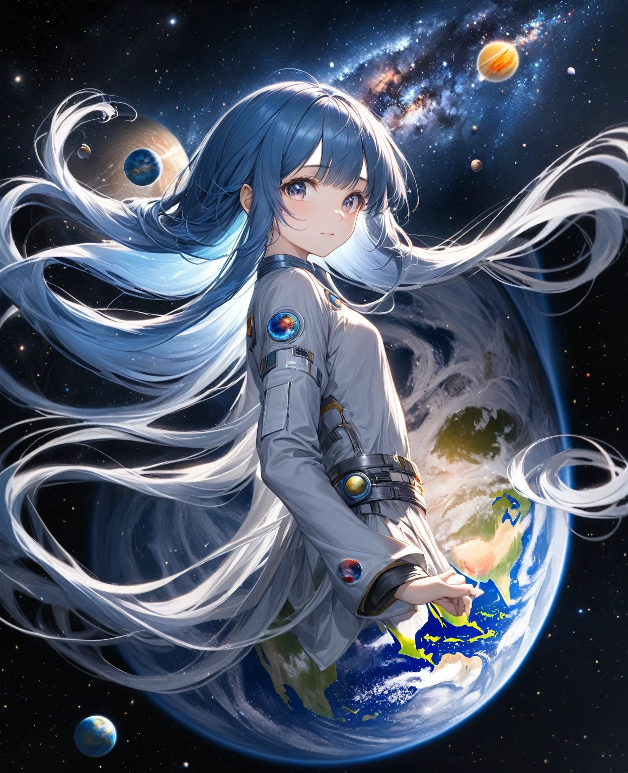 Highest quality, detailed, 4K, RAW Photos, masterpiece, detailed face,, performer, planet, Milky Way, space,, a photo of アニセマー flying in space, Blue Hair, bangs, Long Hair, View your viewers,