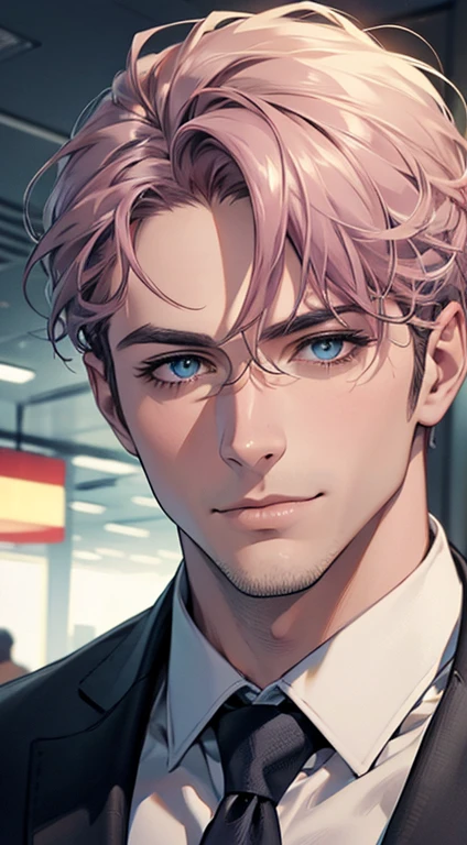(best quality,4k,8k,highres,masterpiece:1.2),ultra-detailed,(realistic,photorealistic,photo-realistic:1.37),1 man,31 years old,mature man,very handsome,without expression,smile,short grey pink hair,blue eyes,penetrating gaze,perfect face without errors,imposing posture,businessman,office background,cinematic lighting,hdr image