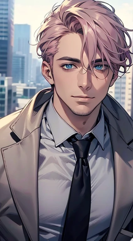 (best quality,4k,8k,highres,masterpiece:1.2),ultra-detailed,(realistic,photorealistic,photo-realistic:1.37),1 man,31 years old, man,very handsome,without expression,smile,short grey pink hair,blue eyes,penetrating gaze,perfect face without errors,imposing posture,businessman,office background,cinematic lighting,hdr image