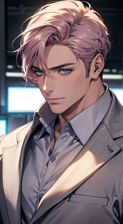 (best quality,4k,8k,highres,masterpiece:1.2),ultra-detailed,(realistic,photorealistic,photo-realistic:1.37),1 man,31 years old,mature man,very handsome,without expression,smile,short grey pink hair,blue eyes,penetrating gaze,perfect face without errors,imposing posture,businessman,office background,cinematic lighting,hdr image