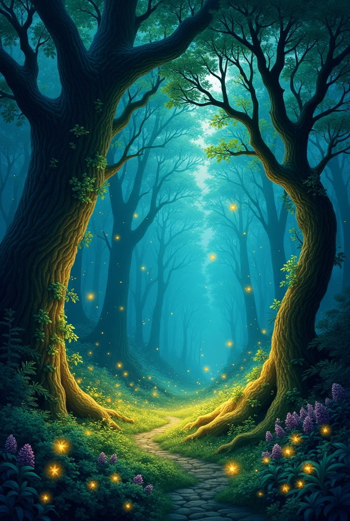 A dark encahted forest Book cover with fireflies (no characters on it) the title of thr book is "Fantasy" make it look like it's painted, make the colours bright-ish and fun