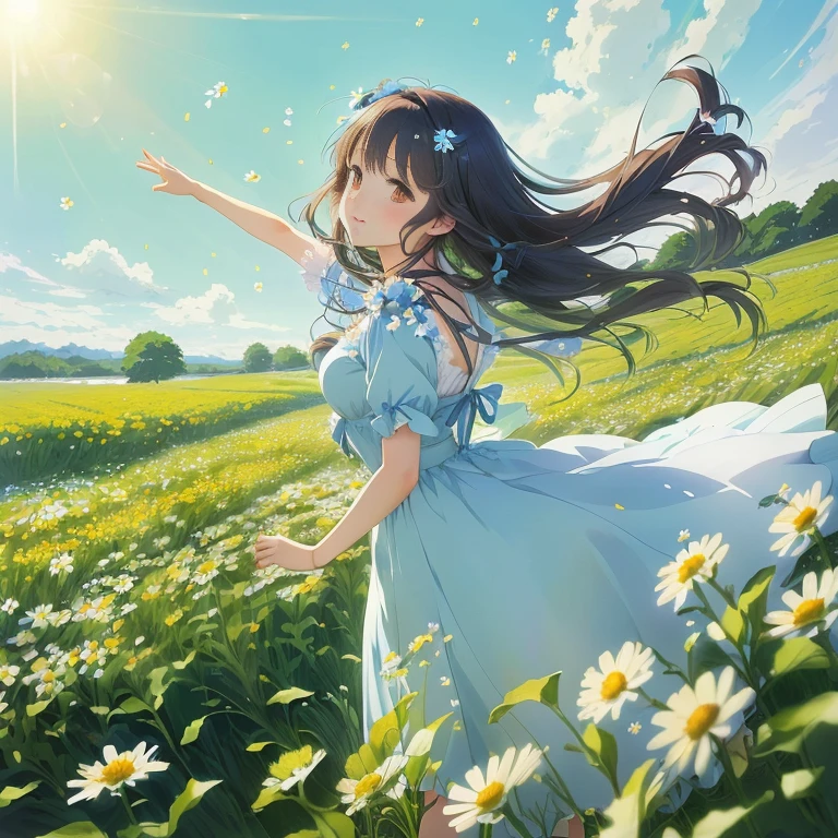 anime girl in a blue dress in a field of daisies, girl dancing in a flower field, anime visual of a cute girl, official anime artwork, daytime ethereal anime, official art, high detailed official artwork, beautiful anime, girl in a flower field, official artwork, girl floating in a flower field, beautiful anime artwork, in field high resolution