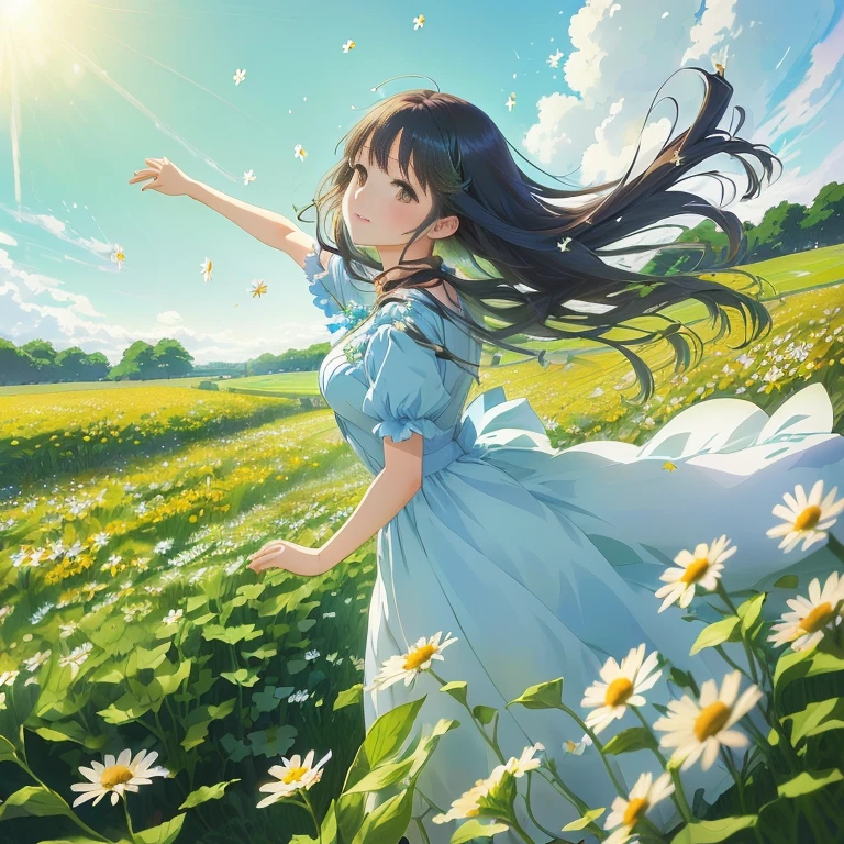 anime girl in a blue dress in a field of daisies, girl dancing in a flower field, anime visual of a cute girl, official anime artwork, daytime ethereal anime, official art, high detailed official artwork, beautiful anime, girl in a flower field, official artwork, girl floating in a flower field, beautiful anime artwork, in field high resolution