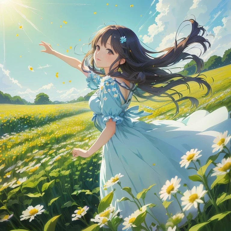 anime girl in a blue dress in a field of daisies, girl dancing in a flower field, anime visual of a cute girl, official anime artwork, daytime ethereal anime, official art, high detailed official artwork, beautiful anime, girl in a flower field, official artwork, girl floating in a flower field, beautiful anime artwork, in field high resolution