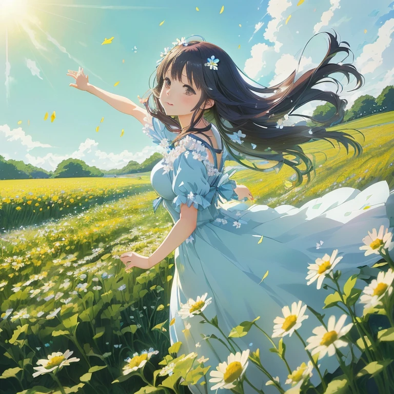 anime girl in a blue dress in a field of daisies, girl dancing in a flower field, anime visual of a cute girl, official anime artwork, daytime ethereal anime, official art, high detailed official artwork, beautiful anime, girl in a flower field, official artwork, girl floating in a flower field, beautiful anime artwork, in field high resolution