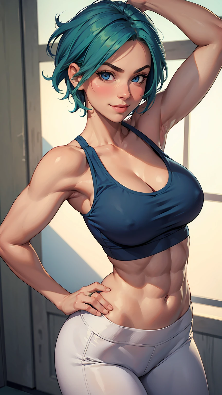 1girl, beautiful fair skin, blue eyes, short green hair, white tank top, yoga pants, medium , cleavage, large breast, dynamic poses, toned abs, cute shy smile, blushing