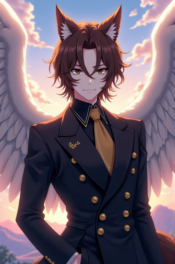 A young man; Height of 1.90, white; Brown hair, something wavy, shoulder-length; black eyes; elegant clothes, black jacket and tie, with gold buttons on the jacket and small lines on the tie, Also golden in color; with a black staff with a small golden ball on top; with two brown wolf ears, a wolf's tail, and white wings. Anime style drawing.