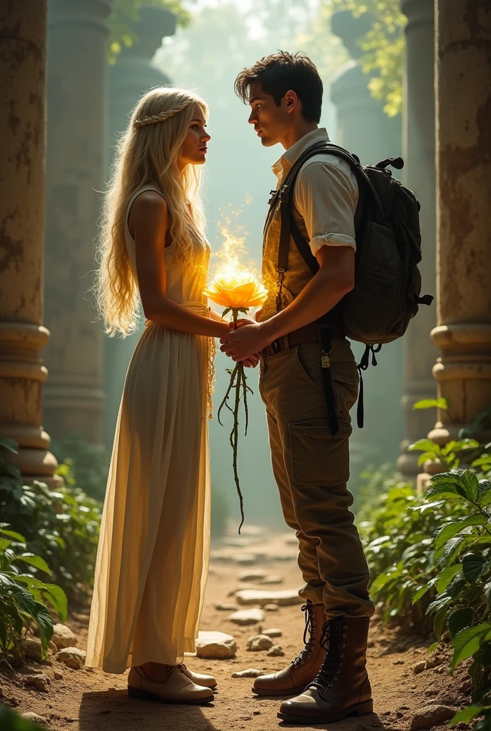Full body profile young psychic blonde woman and full body young man in dark hair archaeologist clothes holding a magical golden rose, They are both close but they don't touch each other