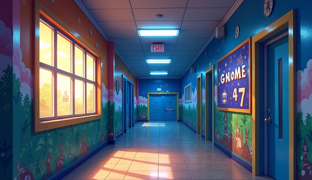 a school corridor with bright colors. there are windows and outside it's night, and on a wall there is a board that writes "GNOME 47", anime style
