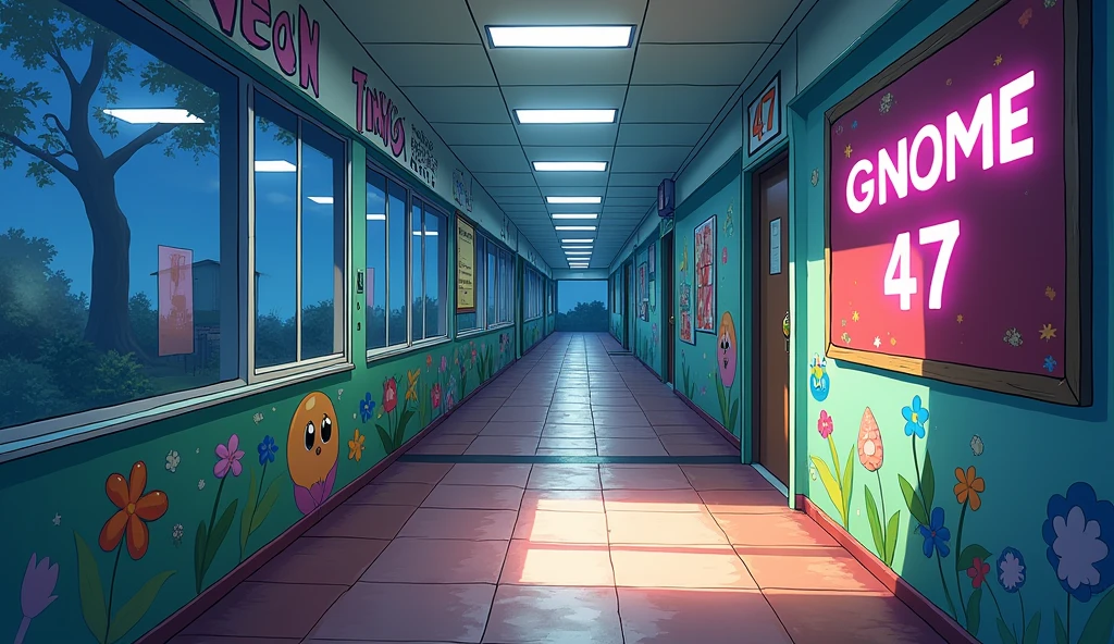 a school corridor with bright colors. there are windows and outside it's night, and on a wall there is a board that writes "GNOME 47", anime style