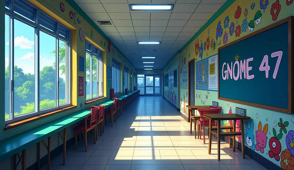 a school corridor with bright colors. there are windows and outside it's night, and on a wall there is a board that writes "GNOME 47",  anime style