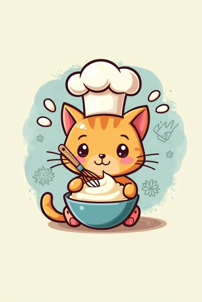 cat whipping a pastry cream, with chef hat, The image must be a logo type