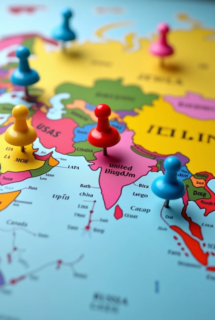 create world map image, with blue pins in the countries, France, england, USA, United Kingdom, Japan. Pink pins in countries Canada, brazil, South Korea, Singapore, Ireland, Luxembourg, Switzerland.
Red pin in China and yellow pins in Russia and China.
