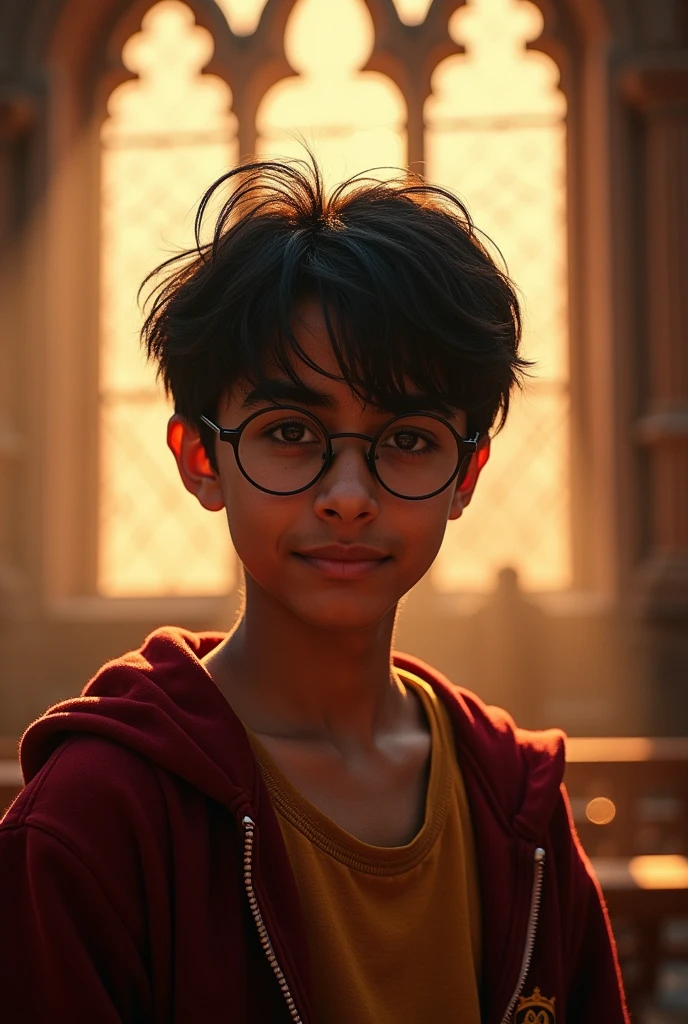 male, teenager, black hair, brown eyes, glasses, Indian descent, smart, loyal, handsome gryffindor