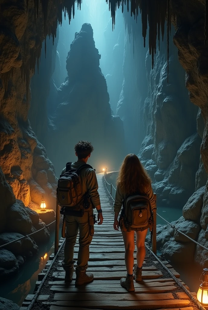 A dark cave with a huge cliff and a wooden bridge connecting the cave exit and the other part of the cave. And there are also two scientists, a young man and a woman with loose hair, about to cross the bridge..