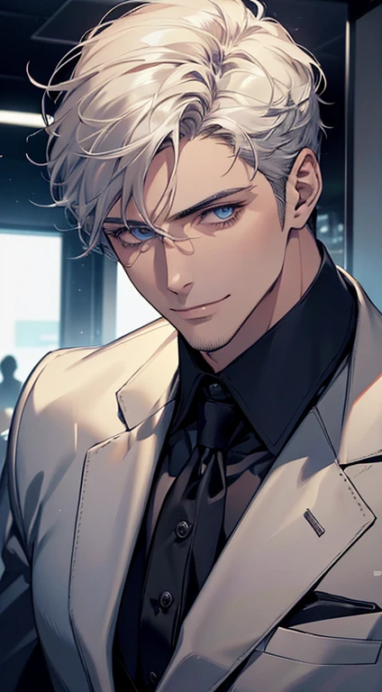 (best quality, masterpiece, 8K, photorealistic, cinematic lighting, hdr image, ultra detailed, beautiful image), 1 man, 31 years old, mature man, very handsome, (without expression, smile), short white hair, blue eyes ( penetrating gaze), perfect face without errors, imposing posture, without errors, businessman, office background