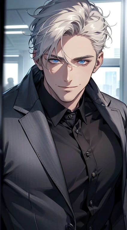(best quality, masterpiece, 8K, photorealistic, cinematic lighting, hdr image, ultra detailed, beautiful image), 1 man, 31 years old, mature man, very handsome, (without expression, smile), short white hair, blue eyes ( penetrating gaze), perfect face without errors, imposing posture, without errors, businessman, office background
