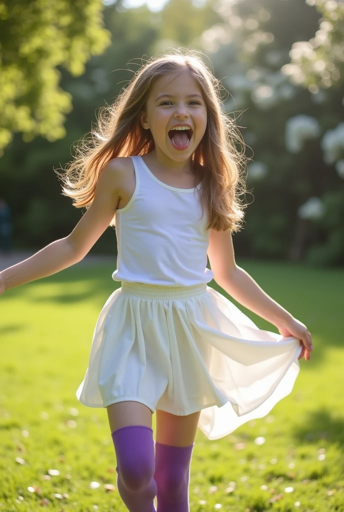 Pretty 14 year old girl, white mini skirt, short purple stockings,
smiling, tongue out, excited, thighs out