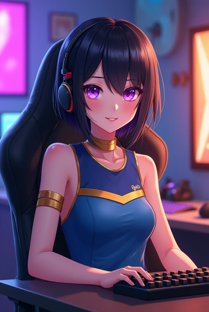 anime, Girl, black hair, short hair, clear skin, purple eyes, sitting in gaming chair, Blue and gold tank top with very short sleeves, big breasts, looking at the viewer smile 