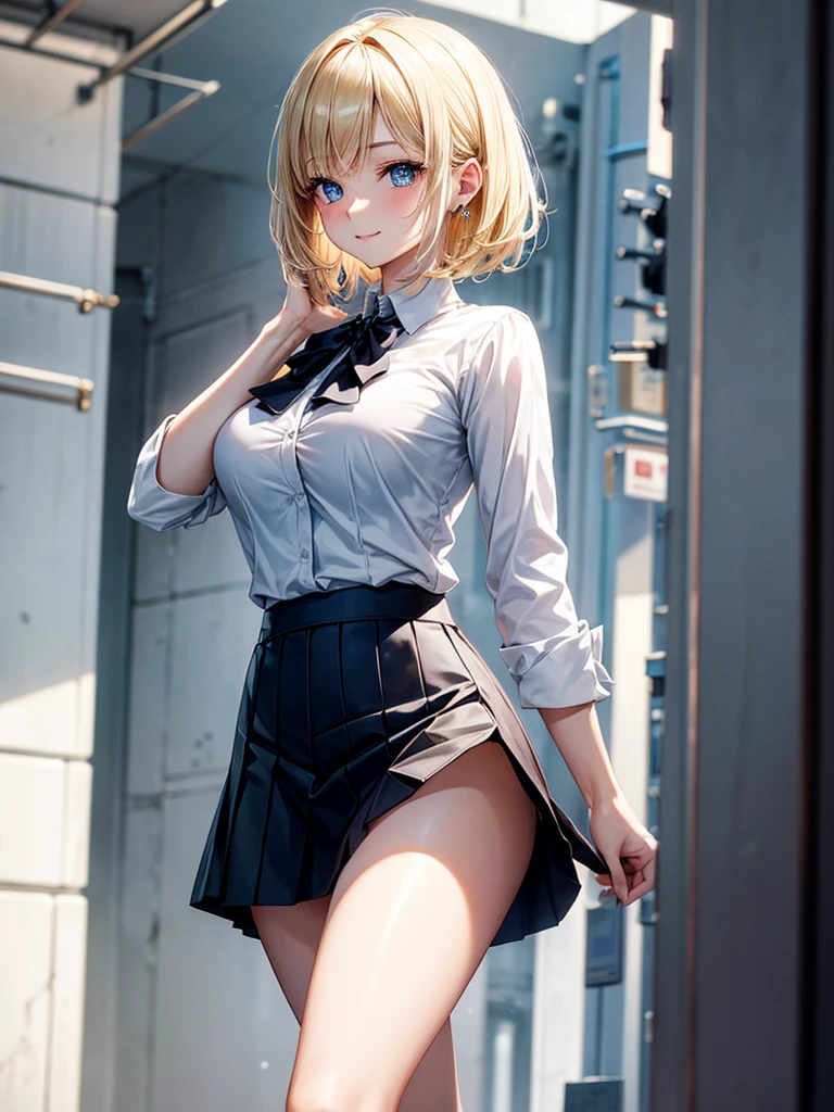 Anime style, super fine illustration, highly detailed, beautiful detailed, pale tone image, static representation, gentle expression, 8k, pretty 1girl with blonde straight short hair & blue eyes & a bright smile & full bust & soft fair skin is wearing big white business shirt not to show her skin & black tight skirt & 1business bag, on the business building street, in the morning, brilliant particles of lights, romantic stories, solo, perfect fingers, perfect arms, perfect legs, masterpiece.