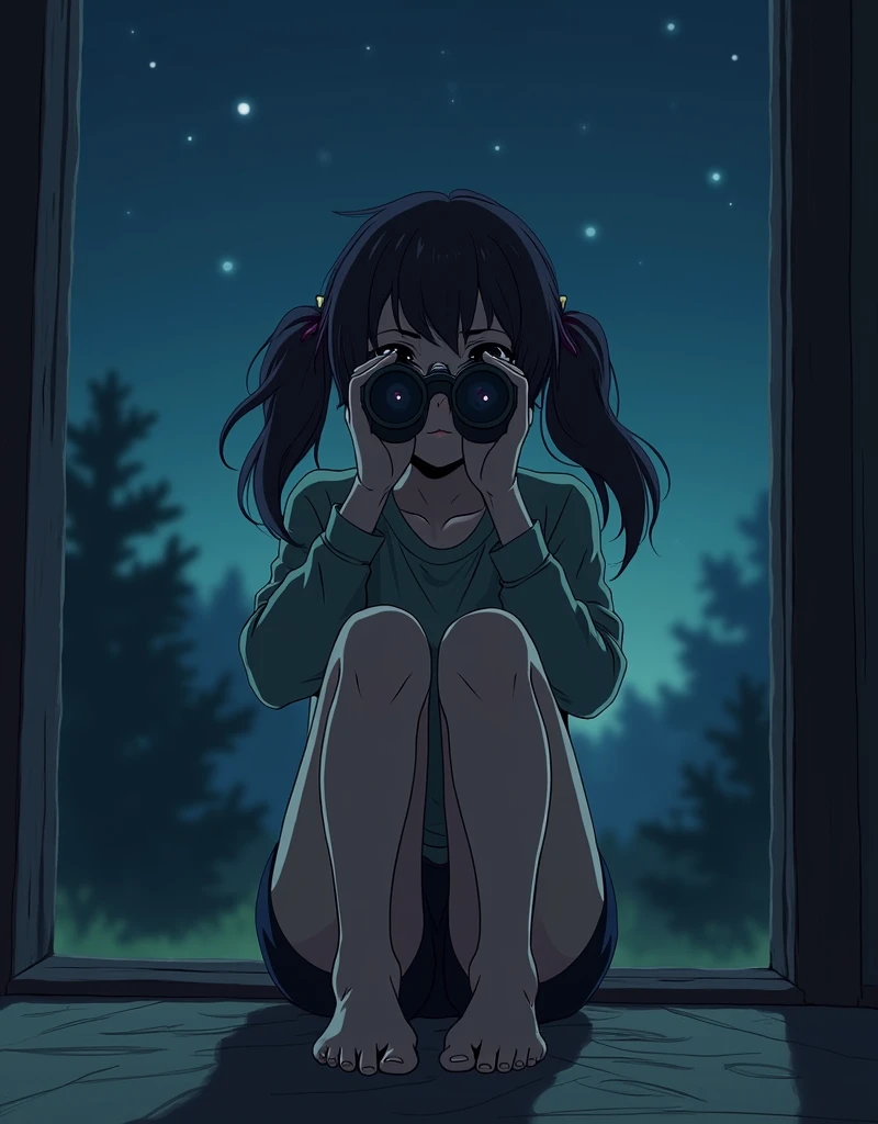 (by nekotoufu:0.5), at night, indoors,
1 girl, solo , twin tails, no shoes, upper body, smug, blurred background, thick lines, holding binoculars, binoculars, spy