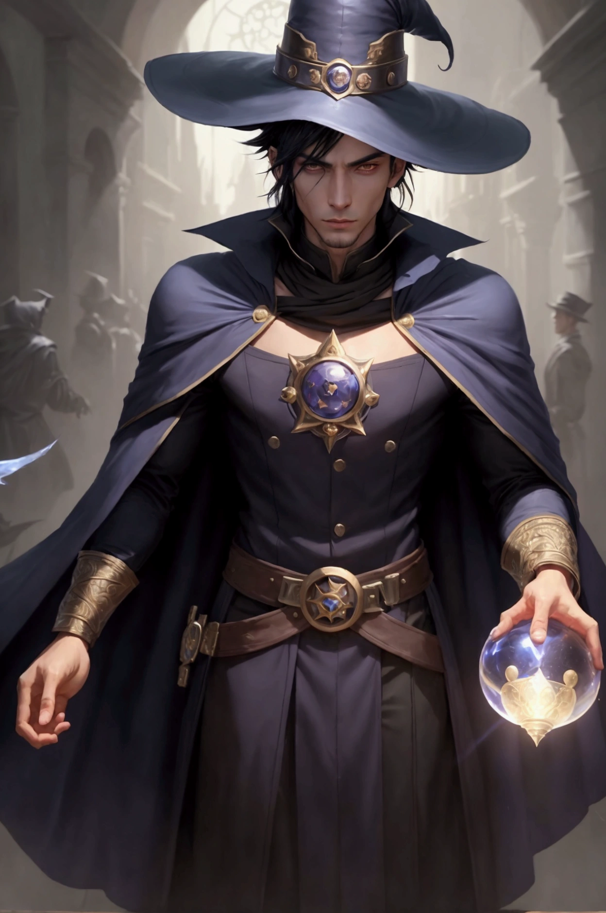 a drawing of a man with a hat and cape holding a football , black - haired magician, fantasy magician, evil sorcerer, young shadow magician male, rpg concept art character, magician, portrait of a magician, slim male fantasy alchemist, magician masculino, ten mens :: Sorceress, skinny male magician, 由杨J, magical fantasy 2d concept art