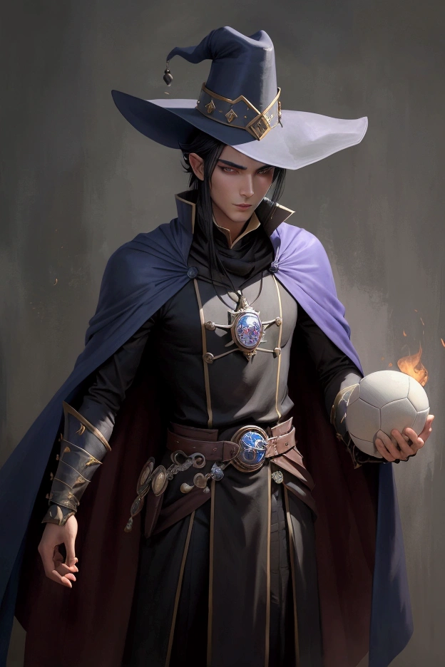 a drawing of a man with a hat and cape holding a football , black - haired magician, fantasy magician, evil sorcerer, young shadow magician male, rpg concept art character, magician, portrait of a magician, slim male fantasy alchemist, magician masculino, ten mens :: Sorceress, skinny male magician, 由杨J, magical fantasy 2d concept art