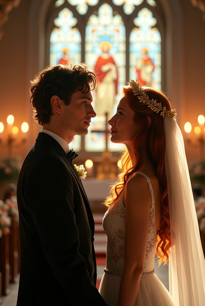 A white man, sem beard, green-eyed, with medium wavy hair (he looks like the actor timothée chalamet) marrying a redheaded woman, white, no freckles, with small lips and brown eyes. The wedding is in a Catholic church, and the woman wears a long veil and a golden laurel wreath on her head.