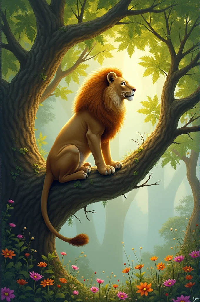 A 3-legged lion in a tree