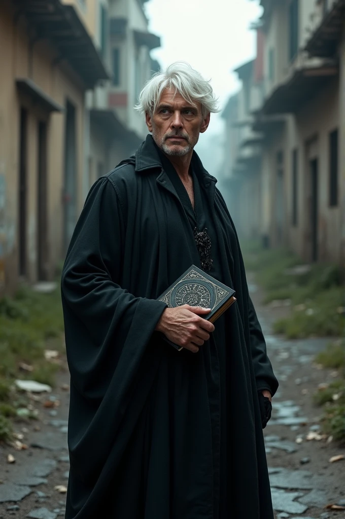 45 year old man with white fur in a black robe with a grimoire in his hand on a desolate street