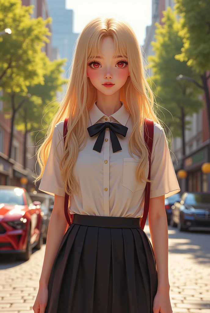 An attractive 18 year old Korean girl tall 1.75 her name is Isabella she is a millionaire and has freckles, ruby red eyes and wears a school uniform, her hair color is blonde and long