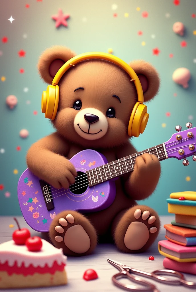 Make a bear with a purple guitar painting frames with cherry stars seashells and painted grapes, add a sweet like a piece of cake on a table near the bear on this table there are also a pair of dressmaker&#39;s scissors, books but not study books , he with yellow music headphones 


