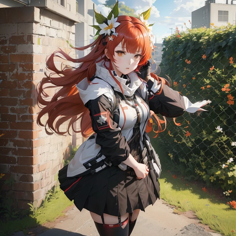 anime girl with red hair and a flower in her hair, girls frontline style, girls frontline cg, fine details. girls frontline, from girls frontline, girls frontline, girls frontline universe, anime style 4 k, from arknights, anime girl with long hair, badass anime 8 k, best anime 4k konachan wallpaper, marin kitagawa fanart, flowers around