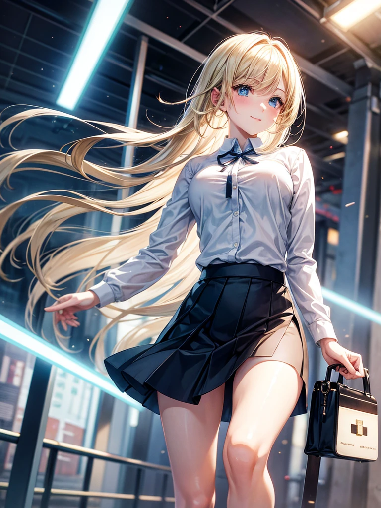 Anime style, super fine illustration, highly detailed, beautiful detailed, pale tone image, static representation, gentle expression, 8k, pretty 1girl with blonde straight short hair & blue eyes & a bright smile & full bust & soft fair skin is wearing big white business shirt not to show her skin & black tight skirt & 1business bag, on the business building street, in the morning, brilliant particles of lights, romantic stories, solo, perfect fingers, perfect arms, perfect legs, masterpiece.