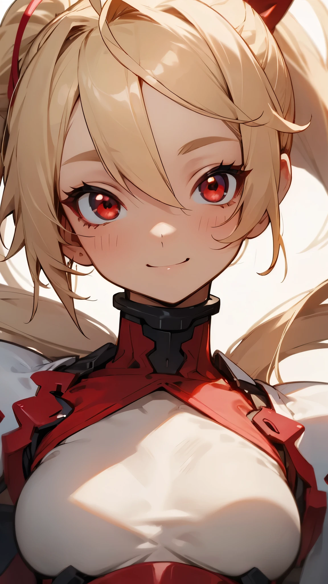1 Female、Small breasts、Blonde ponytail、Round red eyes、Fine and beautiful skin、smile、smile、Ahoge、Upper body close-up、A detailed red rider's jacket、Wear a big jacket、Cinematic Light、Golden hour sky