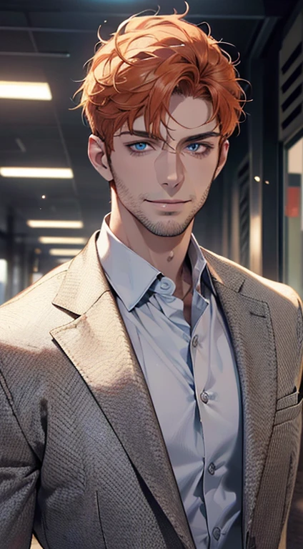 (best quality,4k,8k,highres,masterpiece:1.2),ultra-detailed,(realistic,photorealistic,photo-realistic:1.37),1 man,31 years old,mature man,very handsome,without expression,smile,short orange hair,blue eyes,penetrating gaze,perfect face without errors,imposing posture,businessman,office background,cinematic lighting,hdr image