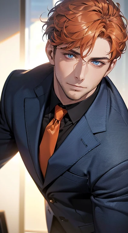 (best quality,4k,8k,highres,masterpiece:1.2),ultra-detailed,(realistic,photorealistic,photo-realistic:1.37),1 man,31 years old,mature man,very handsome,without expression,smile,short orange hair,blue eyes,penetrating gaze,perfect face without errors,imposing posture,businessman,office background,cinematic lighting,hdr image